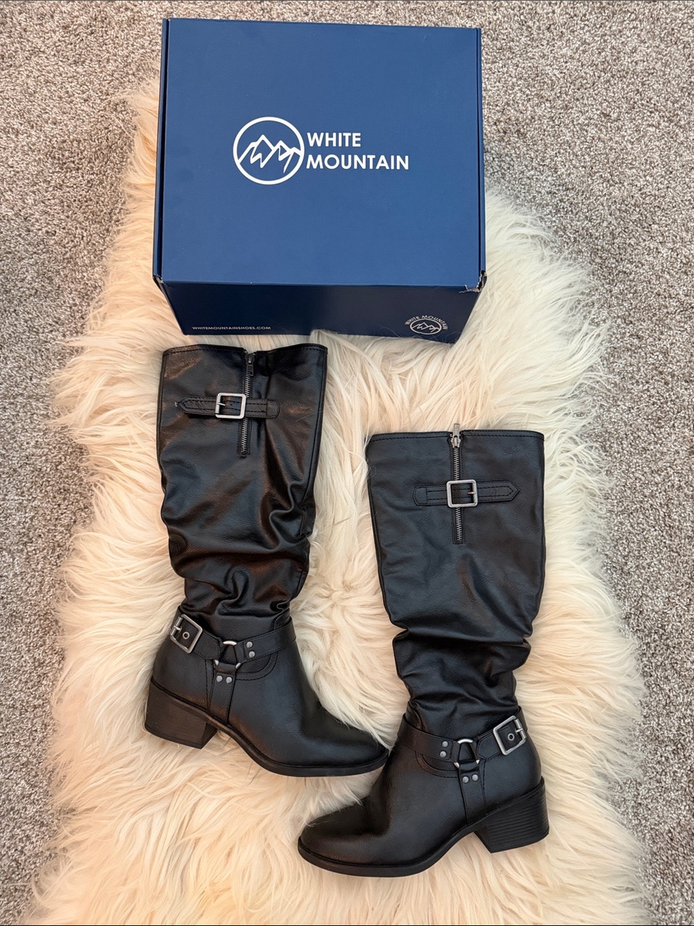 White Mountain Black Buckle Mid-Calf Boots
